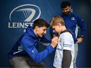 1 March 2025; Leinster players James Culhane, Cormac Foley and Michael Milne with supporters in Autograph Alley before the United Rugby Championship match between Leinster and Cardiff Rugby at the Aviva Stadium in Dublin. Photo by Seb Daly/Sportsfile