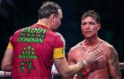 1 March 2025; Paddy Donovan, right, with trainer Andy Lee during his IBF welterweight eliminator bout against Lewis Crocker at SSE Arena in Belfast. Photo by Ramsey Cardy/Sportsfile