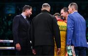 1 March 2025; Chairman and promoter of Matchroom Boxing Eddie Hearn speaks with Paddy Donovan's corner, including trainer Andy Lee at SSE Arena in Belfast. Photo by Ramsey Cardy/Sportsfile