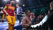 1 March 2025; Paddy Donovan, centre, and trainer Andy Lee, left, leave the ring after their IBF welterweight eliminator bout against Lewis Crocker at SSE Arena in Belfast. Photo by Ramsey Cardy/Sportsfile