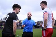 2 March 2025; Referee Brendan Cawley answers questions from team captains Seán Kelly of Galway and Brian Kennedy of Tyrone before the Allianz Football League Division 1 match between Galway and Tyrone at Tuam Stadium in Tuam, Galway. Photo by Piaras Ó Mídheach/Sportsfile