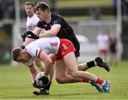 2 March 2025; Conn Kilpatrick of Tyrone in action against Liam Silke of Galway during the Allianz Football League Division 1 match between Galway and Tyrone at Tuam Stadium in Tuam, Galway. Photo by Piaras Ó Mídheach/Sportsfile