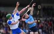 2 March 2025; Cian O'Sullivan of Dublin contests a high ball against Waterford players Michael Kiely, left, and Conor Prunty during the Allianz Hurling League Division 1B match between Waterford and Dublin at Walsh Park in Waterford. Photo by Seb Daly/Sportsfile