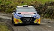 2 March 2025; Sam Moffett and Shane Buckley compete in their Hyundai Rally2 during the Midlands Triton Showers Stages Rally Round 1 of the 2025 National Rally Championship in Longford. Photo by Philip Fitzpatrick/Sportsfile