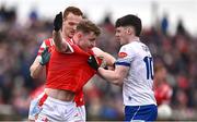 2 March 2025; Stephen O'Hanlon of Monaghan and Peter Lynch of Louth tussle during the Allianz Football League Division 2 match between Louth and Monaghan at Integral GAA Grounds in Drogheda, Louth. Photo by Ben McShane/Sportsfile