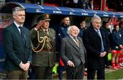 1 March 2025; President of Ireland Michael D Higgins with Aide-de-Camp to the President of Ireland Col. Stephen Howard, FAI President Paul Cooke, right, and Cliff Henry, League of Ireland operations manager, left, before the 2025 Women's President's Cup match between Shelbourne and Athlone Town at Tolka Park in Dublin. Photo by Stephen McCarthy/Sportsfile