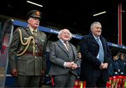 1 March 2025; President of Ireland Michael D Higgins with Aide-de-Camp to the President of Ireland Col. Stephen Howard, left, and FAI President Paul Cooke, right, before the 2025 Women's President's Cup match between Shelbourne and Athlone Town at Tolka Park in Dublin. Photo by Stephen McCarthy/Sportsfile