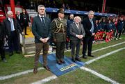 1 March 2025; President of Ireland Michael D Higgins with Aide-de-Camp to the President of Ireland Col. Stephen Howard, FAI President Paul Cooke, right, and Cliff Henry, League of Ireland operations manager, left, before the 2025 Women's President's Cup match between Shelbourne and Athlone Town at Tolka Park in Dublin. Photo by Stephen McCarthy/Sportsfile
