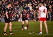 2 March 2025; Shane Walsh of Galway prepares to take a two-point free which he scored to level the match with the last kick, he chose to bring the ball outside the arc after a free was awarded against Tyrone for a 'three men up' infringement, during the Allianz Football League Division 1 match between Galway and Tyrone at Tuam Stadium in Tuam, Galway. Photo by Piaras Ó Mídheach/Sportsfile