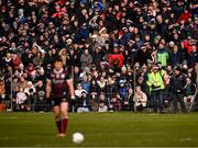 2 March 2025; A general view of spectators as Shane Walsh of Galway prepares to take a two-point free which he scored to level the match with the last kick, he chose to bring the ball outside the arc after a free was awarded against Tyrone for a 'three men up' infringement, during the Allianz Football League Division 1 match between Galway and Tyrone at Tuam Stadium in Tuam, Galway. Photo by Piaras Ó Mídheach/Sportsfile