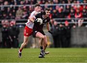 2 March 2025; Seán Ó Maoilchiaráin of Galway in action against Ciarán Daly of Tyrone during the Allianz Football League Division 1 match between Galway and Tyrone at Tuam Stadium in Tuam, Galway. Photo by Piaras Ó Mídheach/Sportsfile