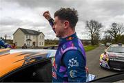 2 March 2025; Josh McErlean in his Ford Fiesta celebrates after winning the during the Midlands Triton Showers Stages Rally Round 1 of the 2025 National Rally Championship in Longford. Photo by Philip Fitzpatrick/Sportsfile