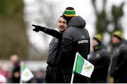 2 March 2025; Line umpire Noel Mooney in conversation with Donegal manager Jim McGuinness during the Allianz Football League Division 1 match between Donegal and Derry at Fr Tierney Park in Ballyshannon, Donegal. Photo by Ramsey Cardy/Sportsfile