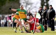 2 March 2025; Shane McGuigan of Derry and Michael Murphy of Donegal during the Allianz Football League Division 1 match between Donegal and Derry at Fr Tierney Park in Ballyshannon, Donegal. Photo by Ramsey Cardy/Sportsfile
