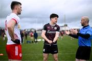 2 March 2025; Referee Brendan Cawley answers questions from team captains Seán Kelly of Galway and Brian Kennedy of Tyrone before the Allianz Football League Division 1 match between Galway and Tyrone at Tuam Stadium in Tuam, Galway. Photo by Piaras Ó Mídheach/Sportsfile