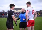 2 March 2025; Referee Brendan Cawley answers questions from team captains Seán Kelly of Galway and Brian Kennedy of Tyrone before the Allianz Football League Division 1 match between Galway and Tyrone at Tuam Stadium in Tuam, Galway. Photo by Piaras Ó Mídheach/Sportsfile