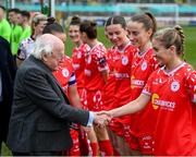 1 March 2025; President of Ireland Michael D Higgins is introduced to Shelbourne's Lucy O'Rourke by captain Pearl Slattery before the 2025 Women's President's Cup match between Shelbourne and Athlone Town at Tolka Park in Dublin. Photo by Stephen McCarthy/Sportsfile