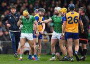 2 March 2025; (EDITOR'S NOTE; Images contains graphic content) Adam English of Limerick reacts after bring fouled by Tony Kelly of Clare, for which Kelly was shown a yellow card, during the Allianz Hurling League Division 1A match between Limerick and Clare at TUS Gaelic Grounds in Limerick. Photo by Brendan Moran/Sportsfile