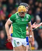 2 March 2025; (EDITOR'S NOTE; Images contains graphic content) Adam English of Limerick reacts after bring fouled by Tony Kelly of Clare, for which Kelly was shown a yellow card, during the Allianz Hurling League Division 1A match between Limerick and Clare at TUS Gaelic Grounds in Limerick. Photo by Brendan Moran/Sportsfile