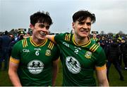 2 March 2025; Seán Coffey, left, and Seamus Lavin of Meath celebrate after their side's victory in the Allianz Football League Division 2 match between Westmeath and Meath at TEG Cusack Park in Mullingar, Westmeath. Photo by Tyler Miller/Sportsfile
