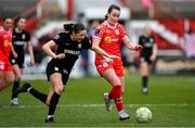 1 March 2025; Roma McLaughlin of Shelbourne and Roisin Molloy of Athlone Town during the 2025 Women's President's Cup match between Shelbourne and Athlone Town at Tolka Park in Dublin. Photo by Stephen McCarthy/Sportsfile