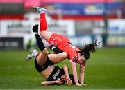 1 March 2025; Roma McLaughlin of Shelbourne and Roisin Molloy of Athlone Town during the 2025 Women's President's Cup match between Shelbourne and Athlone Town at Tolka Park in Dublin. Photo by Stephen McCarthy/Sportsfile