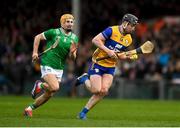 2 March 2025; Tony Kelly of Clare in action against Adam English of Limerick during the Allianz Hurling League Division 1A match between Limerick and Clare at TUS Gaelic Grounds in Limerick. Photo by John Sheridan/Sportsfile