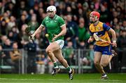 2 March 2025; Aaron Gillane of Limerick in action against Darragh Lohan of Clare during the Allianz Hurling League Division 1A match between Limerick and Clare at TUS Gaelic Grounds in Limerick. Photo by Brendan Moran/Sportsfile