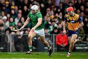 2 March 2025; Aaron Gillane of Limerick in action against Darragh Lohan of Clare during the Allianz Hurling League Division 1A match between Limerick and Clare at TUS Gaelic Grounds in Limerick. Photo by Brendan Moran/Sportsfile