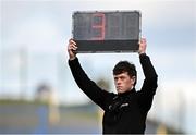 2 March 2025; Sideline official Shane Scanlon holds up a board to indicate additional time during the Allianz Hurling League Division 1B match between Waterford and Dublin at Walsh Park in Waterford. Photo by Seb Daly/Sportsfile
