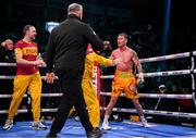1 March 2025; Paddy Donovan reacts after being disqualified in his IBF welterweight eliminator bout against Lewis Crocker at SSE Arena in Belfast. Photo by Ramsey Cardy/Sportsfile