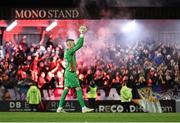 3 March 2025; Drogheda United goalkeeper Luke Dennison celebrates his side's first goal, scored by teammate Thomas Oluwa, not pictured, during the SSE Airtricity Men's Premier Division match between Bohemians and Drogheda United at Dalymount Park in Dublin. Photo by Thomas Flinkow/Sportsfile