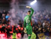 3 March 2025; Drogheda United goalkeeper Luke Dennison celebrates his side's first goal, scored by teammate Thomas Oluwa, not pictured, during the SSE Airtricity Men's Premier Division match between Bohemians and Drogheda United at Dalymount Park in Dublin. Photo by Thomas Flinkow/Sportsfile