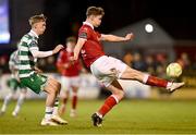3 March 2025; Gareth McElroy of Sligo Rovers in action against Michael Noonan of Shamrock Rovers during the SSE Airtricity Men's Premier Division match between Sligo Rovers and Shamrock Rovers at The Showgrounds in Sligo. Photo by Piaras Ó Mídheach/Sportsfile