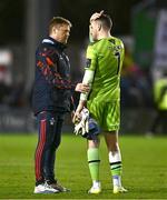 3 March 2025; Shelbourne manager Damien Duff, left, in conversation with Galway United goalkeeper Brendan Clarke after the SSE Airtricity Men's Premier Division match between Galway United and Shelbourne at Eamonn Deacy Park in Galway. Photo by Ben McShane/Sportsfile