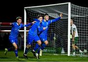 3 March 2025; Kyle White of Waterford, centre, celebrates after scoring with team mates Tommy Lonergan, right, and Conan Noonan after scoring their side's second goal during the SSE Airtricity Men's Premier Division match between Waterford and Cork City at the Regional Sports Centre in Waterford. Photo by David Fitzgerald/Sportsfile