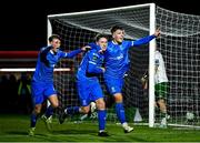3 March 2025; Kyle White of Waterford, centre, celebrates after scoring with team mates Tommy Lonergan, right, and Conan Noonan after scoring their side's second goal during the SSE Airtricity Men's Premier Division match between Waterford and Cork City at the Regional Sports Centre in Waterford. Photo by David Fitzgerald/Sportsfile