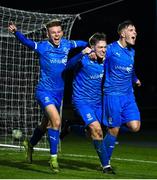 3 March 2025; Kyle White of Waterford, centre, celebrates after scoring with team mates Tommy Lonergan, right, and Conan Noonan after scoring their side's second goal during the SSE Airtricity Men's Premier Division match between Waterford and Cork City at the Regional Sports Centre in Waterford. Photo by David Fitzgerald/Sportsfile