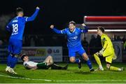3 March 2025; Kyle White of Waterford, centre, celebrates with team mate Tommy Lonergan after scoring their side's second goal during the SSE Airtricity Men's Premier Division match between Waterford and Cork City at the Regional Sports Centre in Waterford. Photo by David Fitzgerald/Sportsfile