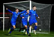 3 March 2025; Kyle White of Waterford, centre, celebrates after scoring with team mates Tommy Lonergan, right, and Conan Noonan after scoring their side's second goal during the SSE Airtricity Men's Premier Division match between Waterford and Cork City at the Regional Sports Centre in Waterford. Photo by David Fitzgerald/Sportsfile