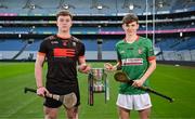 4 March 2024; Liam Glackin of Cross & Passion College Ballycastle, Antrim, left, and Eanna Costello of Calasanctius College, Galway, ahead of their B Hurling Final during the Masita All-Ireland Post Primary Schools Finals Captains Call at Croke Park in Dublin. Photo by Stephen McCarthy/Sportsfile