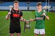 4 March 2024; Liam Glackin of Cross & Passion College Ballycastle, Antrim, left, and Eanna Costello of Calasanctius College, Galway, ahead of their B Hurling Final during the Masita All-Ireland Post Primary Schools Finals Captains Call at Croke Park in Dublin. Photo by Stephen McCarthy/Sportsfile
