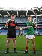 4 March 2024; Liam Glackin of Cross & Passion College Ballycastle, Antrim, left, and Eanna Costello of Calasanctius College, Galway, ahead of their Masita All-Ireland Post Primary Schools B Hurling Final during the Masita All-Ireland Post Primary Schools Finals Captains Call at Croke Park in Dublin. Photo by Stephen McCarthy/Sportsfile