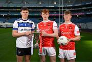 4 March 2024; Cathal McKaigue of St Patrick's Maghera, Derry, left, with Darragh Beirne and Rio Mortimer, right, of St Colman's College Claremorris, Mayo, ahead of their Masita All-Ireland Post Primary Schools A Football Final during the Masita All-Ireland Post Primary Schools Finals Captains Call at Croke Park in Dublin. Photo by Stephen McCarthy/Sportsfile