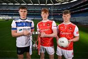 4 March 2024; Cathal McKaigue of St Patrick's Maghera, Derry, left, with Darragh Beirne and Rio Mortimer, right, of St Colman's College Claremorris, Mayo, ahead of their Masita All-Ireland Post Primary Schools A Football Final during the Masita All-Ireland Post Primary Schools Finals Captains Call at Croke Park in Dublin. Photo by Stephen McCarthy/Sportsfile