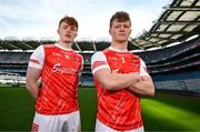 4 March 2024; Darragh Beirne and Rio Mortimer, right, of St Colman's College Claremorris, Mayo, ahead of their side's Masita All-Ireland Post Primary Schools A Football Final against St Patrick's Maghera, Derry, during the Masita All-Ireland Post Primary Schools Finals Captains Call at Croke Park in Dublin. Photo by Stephen McCarthy/Sportsfile