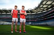 4 March 2024; Darragh Beirne and Rio Mortimer, right, of St Colman's College Claremorris, Mayo, ahead of their side's Masita All-Ireland Post Primary Schools A Football Final against St Patrick's Maghera, Derry, during the Masita All-Ireland Post Primary Schools Finals Captains Call at Croke Park in Dublin. Photo by Stephen McCarthy/Sportsfile