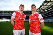 4 March 2024; Darragh Beirne and Rio Mortimer, right, of St Colman's College Claremorris, Mayo, ahead of their side's Masita All-Ireland Post Primary Schools A Football Final against St Patrick's Maghera, Derry, during the Masita All-Ireland Post Primary Schools Finals Captains Call at Croke Park in Dublin. Photo by Stephen McCarthy/Sportsfile