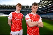 4 March 2024; Darragh Beirne and Rio Mortimer, right, of St Colman's College Claremorris, Mayo, ahead of their side's Masita All-Ireland Post Primary Schools A Football Final against St Patrick's Maghera, Derry, during the Masita All-Ireland Post Primary Schools Finals Captains Call at Croke Park in Dublin. Photo by Stephen McCarthy/Sportsfile