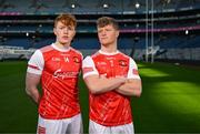4 March 2024; Darragh Beirne and Rio Mortimer, right, of St Colman's College Claremorris, Mayo, ahead of their side's Masita All-Ireland Post Primary Schools A Football Final against St Patrick's Maghera, Derry, during the Masita All-Ireland Post Primary Schools Finals Captains Call at Croke Park in Dublin. Photo by Stephen McCarthy/Sportsfile
